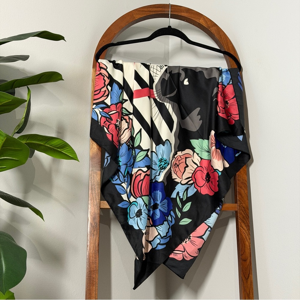 Floral Stripes Black Cat Satin Scarf - Picture 2 of 6